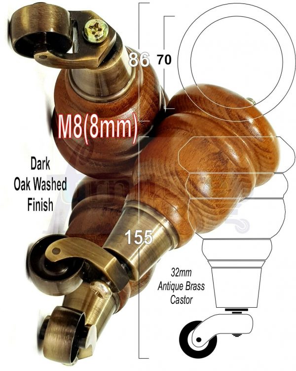4x SOLID WOOD FURNITURE LEGS M8 REPLACEMENT ANTIQUE BRASS CASTOR FEET 155mm HIGH - Image 19
