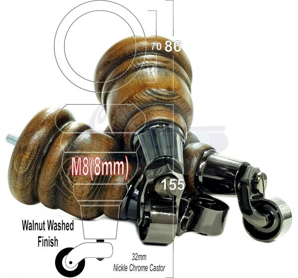 4x SOLID WOOD FURNITURE LEGS M8 REPLACEMENT BLACK CHROME CASTOR FEET 155mm HIGH - Image 20