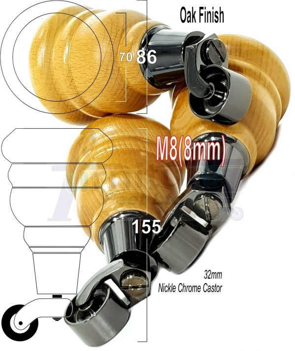 4x SOLID WOOD FURNITURE LEGS M8 REPLACEMENT BLACK CHROME CASTOR FEET 155mm HIGH - Image 29