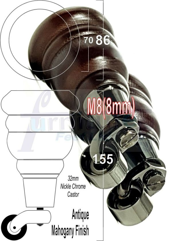 4x SOLID WOOD FURNITURE LEGS M8 REPLACEMENT BLACK CHROME CASTOR FEET 155mm HIGH - Image 37