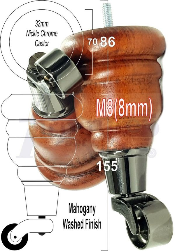 4x SOLID WOOD FURNITURE LEGS M8 REPLACEMENT BLACK CHROME CASTOR FEET 155mm HIGH - Image 26