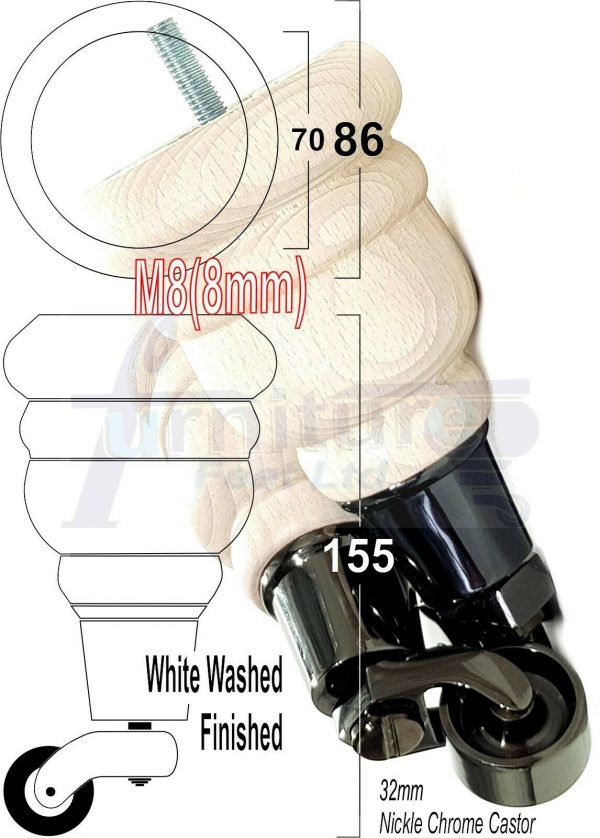 4x SOLID WOOD FURNITURE LEGS M8 REPLACEMENT BLACK CHROME CASTOR FEET 155mm HIGH - Image 36