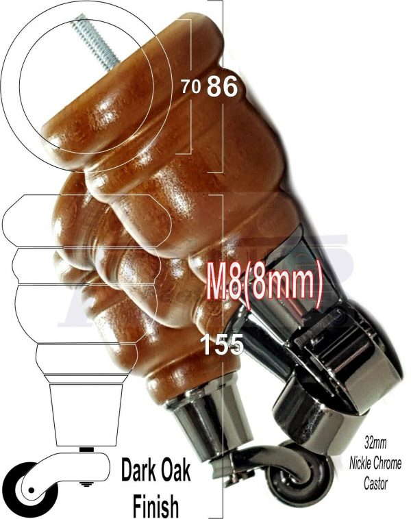 4x SOLID WOOD FURNITURE LEGS M8 REPLACEMENT BLACK CHROME CASTOR FEET 155mm HIGH - Image 18