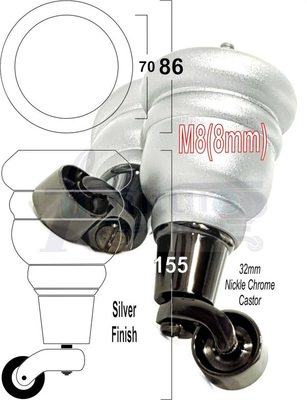 4x SOLID WOOD FURNITURE LEGS M8 REPLACEMENT BLACK CHROME CASTOR FEET 155mm HIGH - Image 32