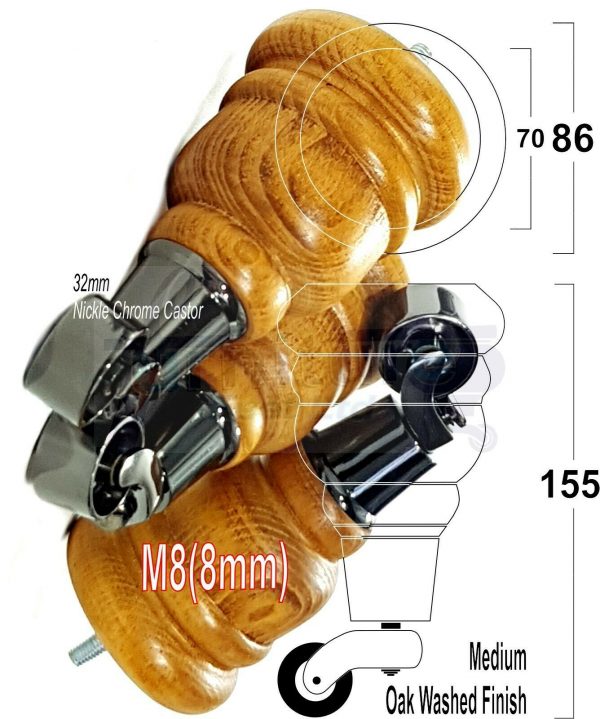 4x SOLID WOOD FURNITURE LEGS M8 REPLACEMENT BLACK CHROME CASTOR FEET 155mm HIGH - Image 27
