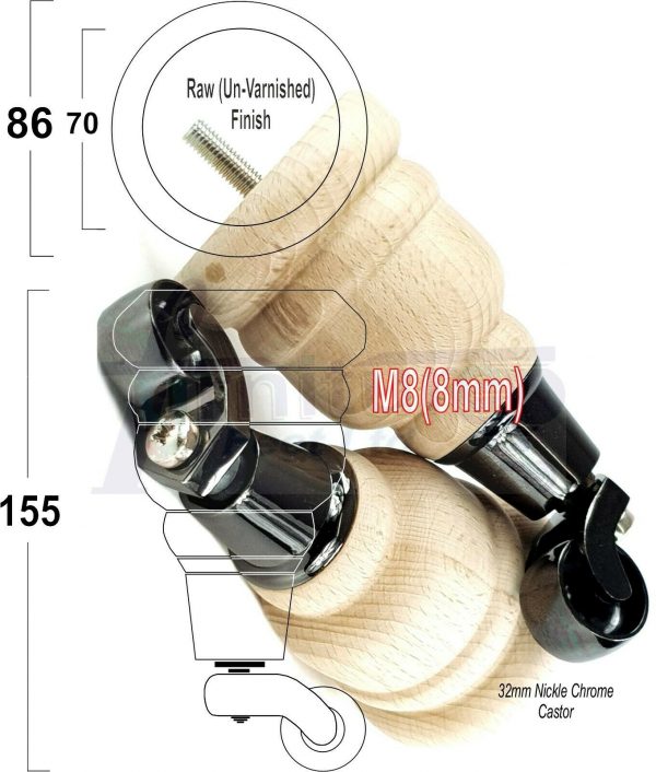 4x SOLID WOOD FURNITURE LEGS M8 REPLACEMENT BLACK CHROME CASTOR FEET 155mm HIGH - Image 33
