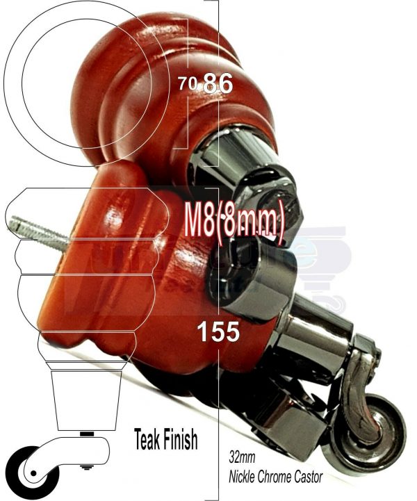 4x SOLID WOOD FURNITURE LEGS M8 REPLACEMENT BLACK CHROME CASTOR FEET 155mm HIGH - Image 34