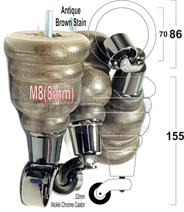 4x SOLID WOOD FURNITURE LEGS M8 REPLACEMENT BLACK CHROME CASTOR FEET 155mm HIGH - Image 14