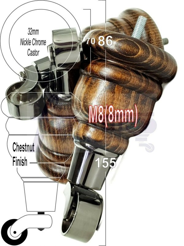 4x SOLID WOOD FURNITURE LEGS M8 REPLACEMENT BLACK CHROME CASTOR FEET 155mm HIGH - Image 42