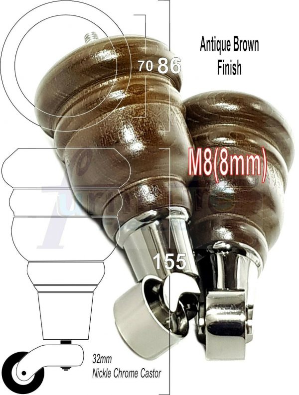 4x SOLID WOOD FURNITURE LEGS M8 REPLACEMENT BLACK CHROME CASTOR FEET 155mm HIGH - Image 13