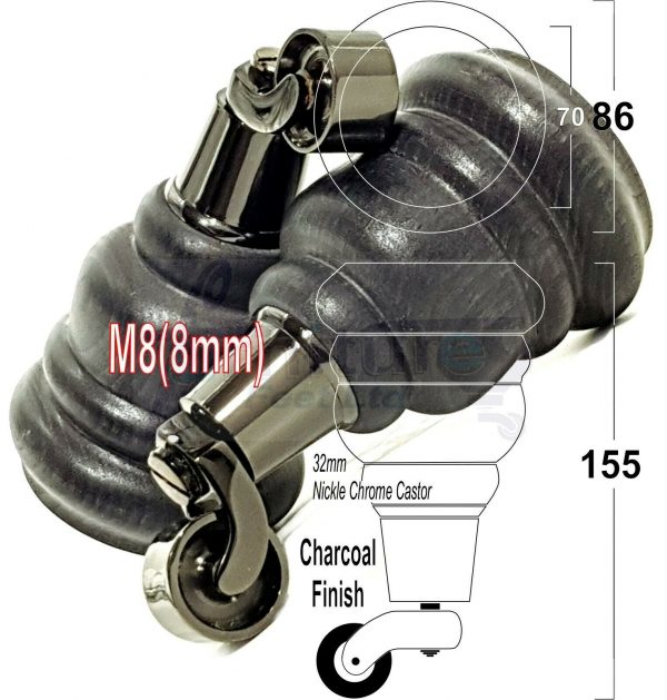 4x SOLID WOOD FURNITURE LEGS M8 REPLACEMENT BLACK CHROME CASTOR FEET 155mm HIGH - Image 40