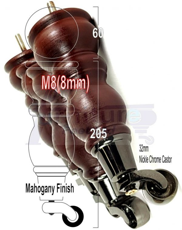 4x SOLID WOOD FURNITURE SOFA LEGS M8 REPLACEMENT FEET WITH CASTORS 215mm HIGH - Image 15