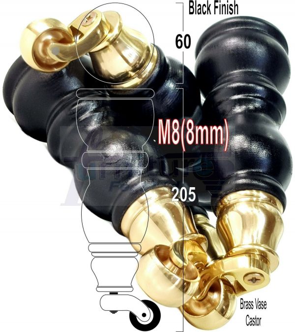 4x Solid Wood Furniture Sofa Legs M8 Replacement Feet With Castors 215mm High - Image 19