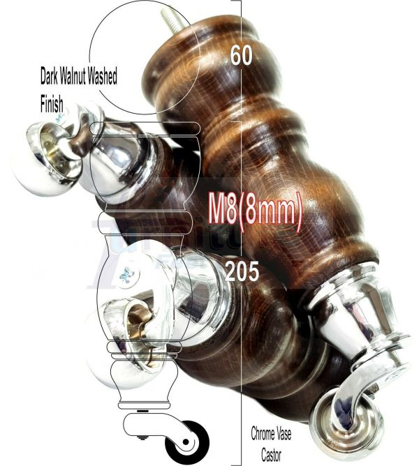 4x Solid Wood Furniture Sofa Legs M8 Replacment Feet With Castors 215mm 8.3 Inch High Dark Walnut Wash - Image 21