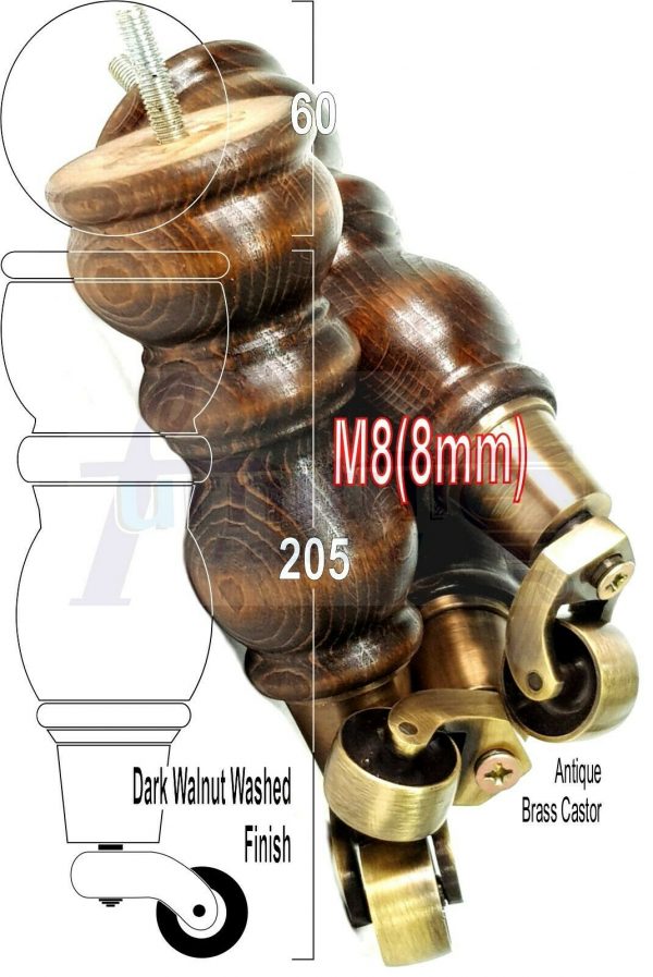 4x Solid Wood Furniture Sofa Legs M8 Replacment Feet With Castors 215mm 8.3 Inch High Dark Walnut Wash - Image 15