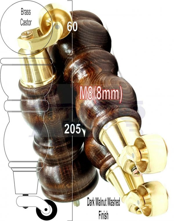 4x Solid Wood Furniture Sofa Legs M8 Replacment Feet With Castors 215mm 8.3 Inch High Dark Walnut Wash - Image 13