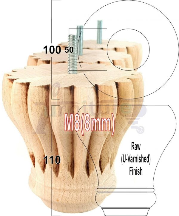 4x SOLID WOODEN FURNITURE LEGS M8(8mm) CHAIR REPLACEMENT BUN FEET 110mm HIGH - Image 32