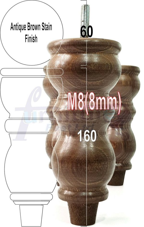 4x Solid Wood Furniture Legs M8(8mm) Chair Replacement Turned Bun Feet 160mm High - Image 13