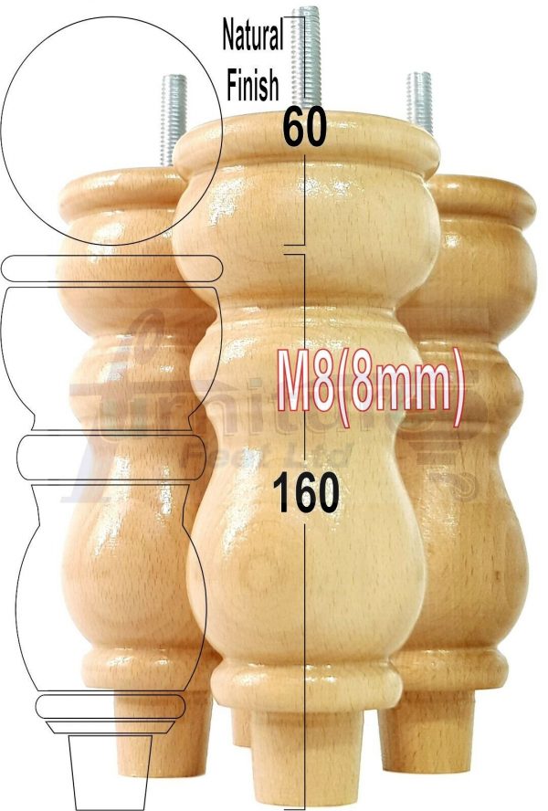 4x Solid Wood Furniture Legs M8(8mm) Chair Replacement Turned Bun Feet 160mm High - Image 26