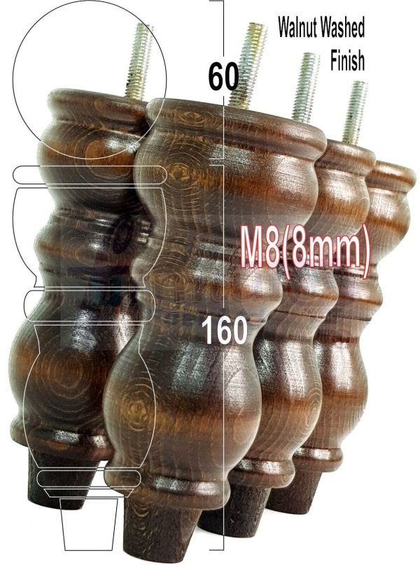 4x Solid Wood Furniture Legs M8(8mm) Chair Replacement Turned Bun Feet 160mm High - Image 18