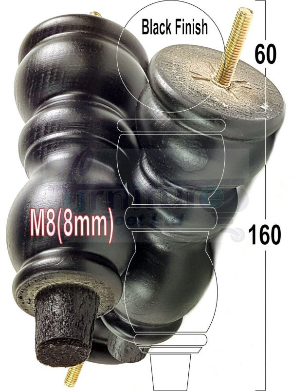 4x Solid Wood Furniture Legs M8(8mm) Chair Replacement Turned Bun Feet 160mm High - Image 14
