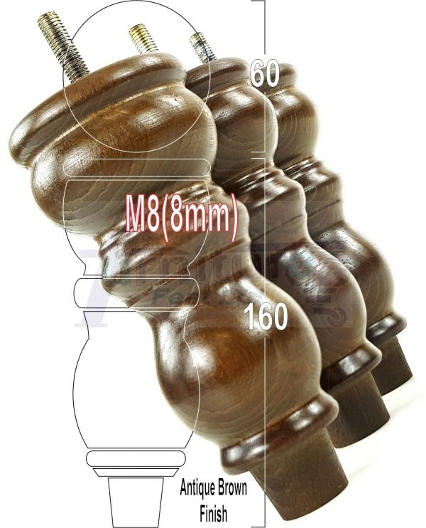 4x Solid Wood Furniture Legs M8(8mm) Chair Replacement Turned Bun Feet 160mm High - Image 12