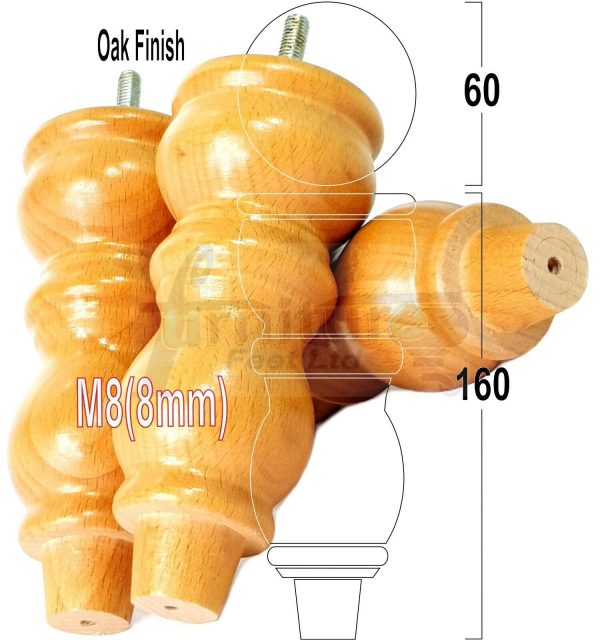 4x Solid Wood Furniture Legs M8(8mm) Chair Replacement Turned Bun Feet 160mm High - Image 27