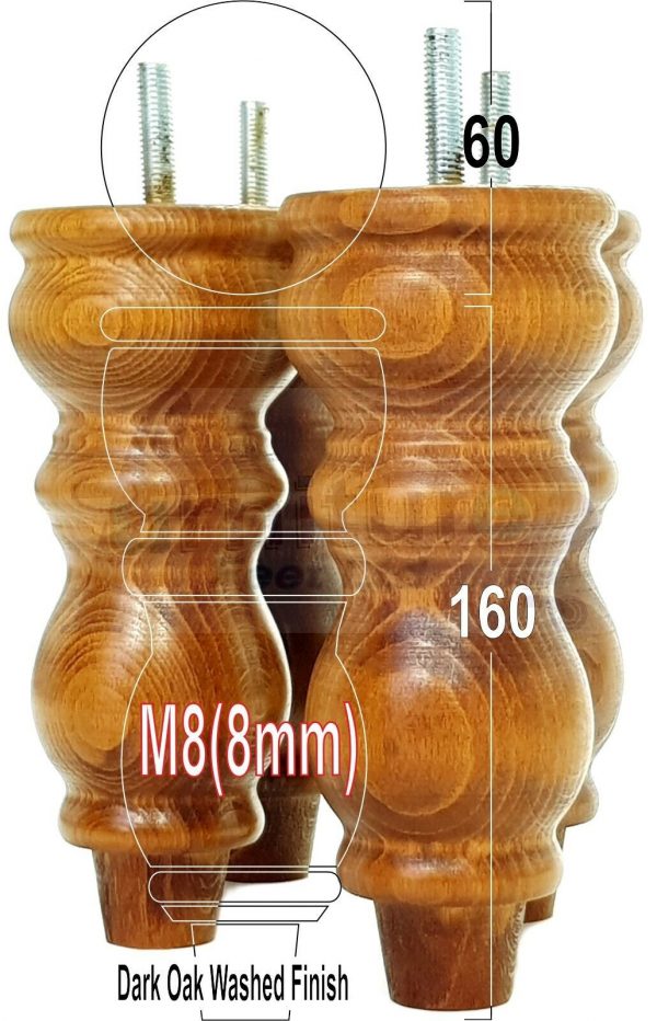 4x Solid Wood Furniture Legs M8(8mm) Chair Replacement Turned Bun Feet 160mm High - Image 17