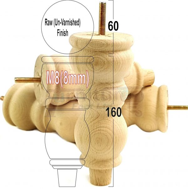 4x Solid Wood Furniture Legs M8(8mm) Chair Replacement Turned Bun Feet 160mm High - Image 32