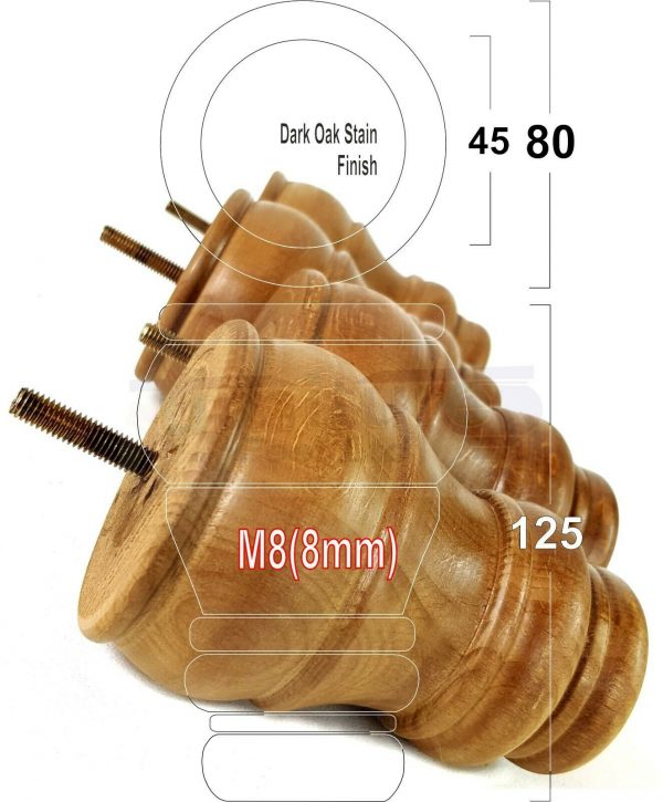 4x TURNED WOOD FURNITURE CHAIR LEGS M8(8mm) REPLACEMENT SETTEE FEET 125mm HIGH - Image 29