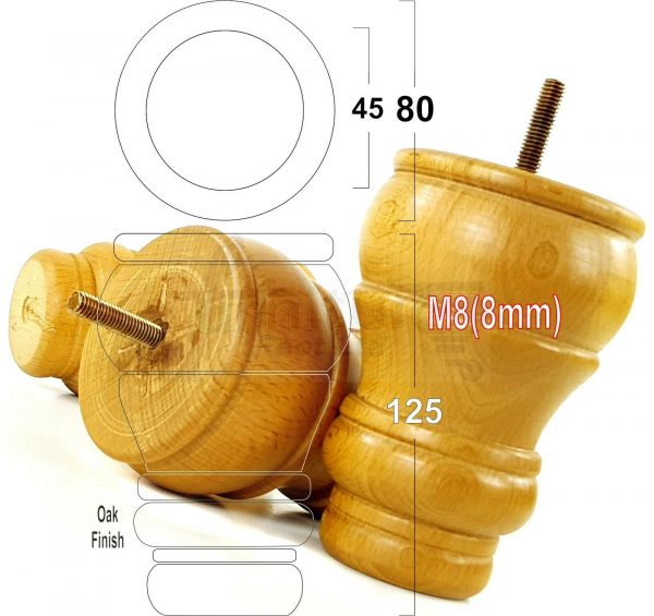 4x TURNED WOOD FURNITURE CHAIR LEGS M8(8mm) REPLACEMENT SETTEE FEET 125mm HIGH - Image 27