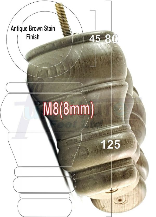 4x TURNED WOOD FURNITURE CHAIR LEGS M8(8mm) REPLACEMENT SETTEE FEET 125mm HIGH - Image 14