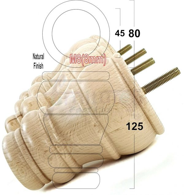 4x TURNED WOOD FURNITURE CHAIR LEGS M8(8mm) REPLACEMENT SETTEE FEET 125mm HIGH - Image 26