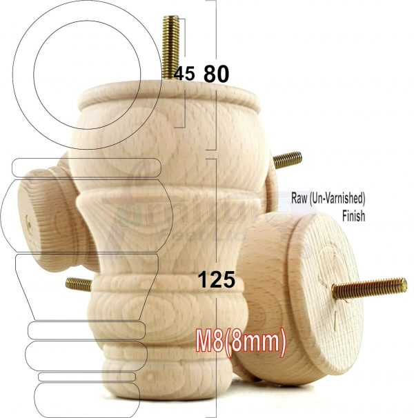 4x TURNED WOOD FURNITURE CHAIR LEGS M8(8mm) REPLACEMENT SETTEE FEET 125mm HIGH - Image 31