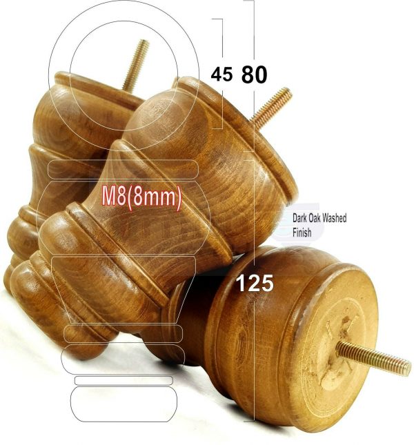 4x TURNED WOOD FURNITURE CHAIR LEGS M8(8mm) REPLACEMENT SETTEE FEET 125mm HIGH - Image 19