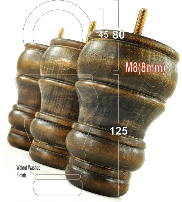 4x TURNED WOOD FURNITURE CHAIR LEGS M8(8mm) REPLACEMENT SETTEE FEET 125mm HIGH - Image 20
