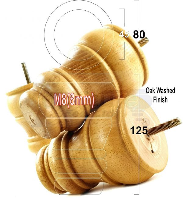 4x TURNED WOOD FURNITURE CHAIR LEGS M8(8mm) REPLACEMENT SETTEE FEET 125mm HIGH - Image 28