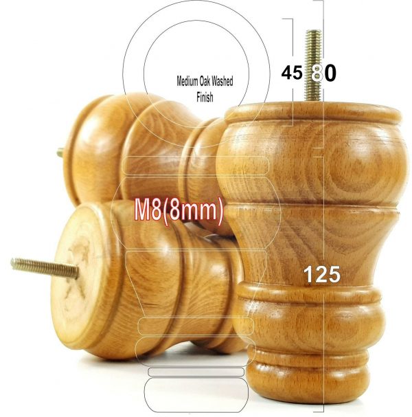 4x TURNED WOOD FURNITURE CHAIR LEGS M8(8mm) REPLACEMENT SETTEE FEET 125mm HIGH - Image 25
