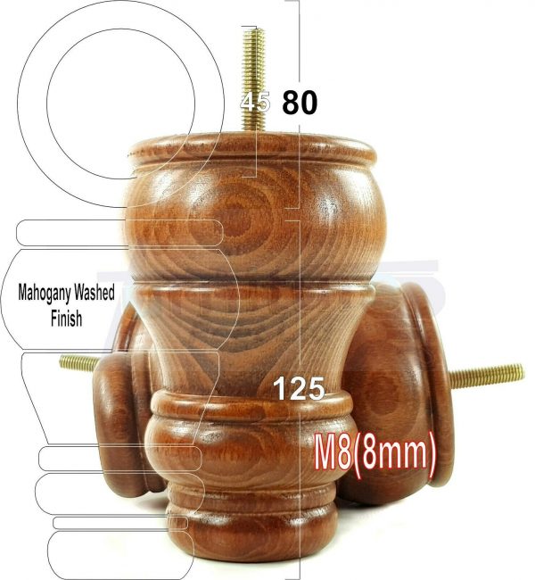 4x TURNED WOOD FURNITURE CHAIR LEGS M8(8mm) REPLACEMENT SETTEE FEET 125mm HIGH - Image 24