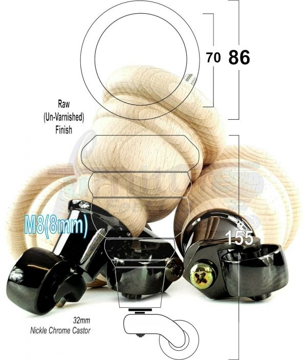 4x TURNED WOODEN CASTOR LEGS 165mm High CHAIR REPLACEMENT FURNITURE FEET M8(8mm) - Image 15