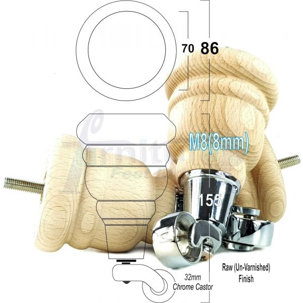 4x TURNED WOODEN CASTOR LEGS 165mm High CHAIR REPLACEMENT FURNITURE FEET M8(8mm) - Image 13