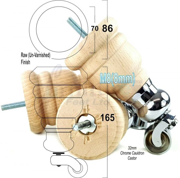 4x TURNED WOODEN CASTOR LEGS 165mm High CHAIR REPLACEMENT FURNITURE FEET M8(8mm) - Image 17