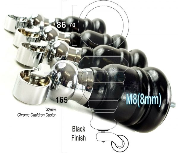 4x TURNED WOODEN CASTOR LEGS 165mm High CHAIR REPLACEMENT FURNITURE FEET M8(8mm) - Image 17