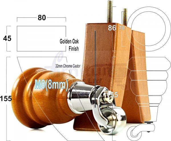 4x TURNED WOODEN CASTOR LEGS 165mm High CHAIR REPLACEMENT FURNITURE FEET M8(8mm) - Image 13