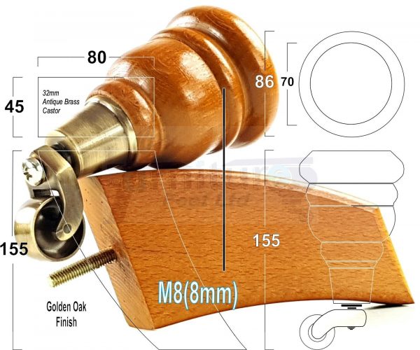 4x TURNED WOODEN CASTOR LEGS 165mm High CHAIR REPLACEMENT FURNITURE FEET M8(8mm) - Image 14