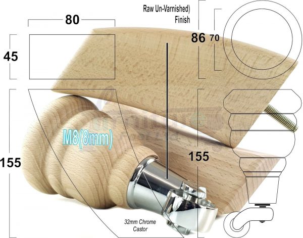 4x TURNED WOODEN CASTOR LEGS 165mm High CHAIR REPLACEMENT FURNITURE FEET M8(8mm) - Image 11