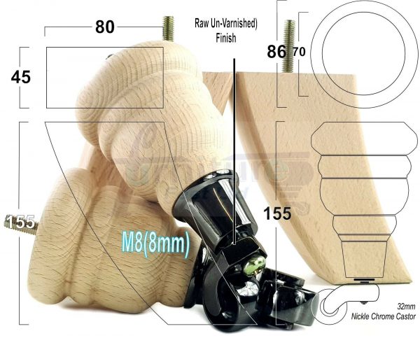 4x TURNED WOODEN CASTOR LEGS 165mm High CHAIR REPLACEMENT FURNITURE FEET M8(8mm) - Image 13