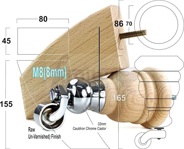 4x TURNED WOODEN CASTOR LEGS 165mm High CHAIR REPLACEMENT FURNITURE FEET M8(8mm) - Image 15