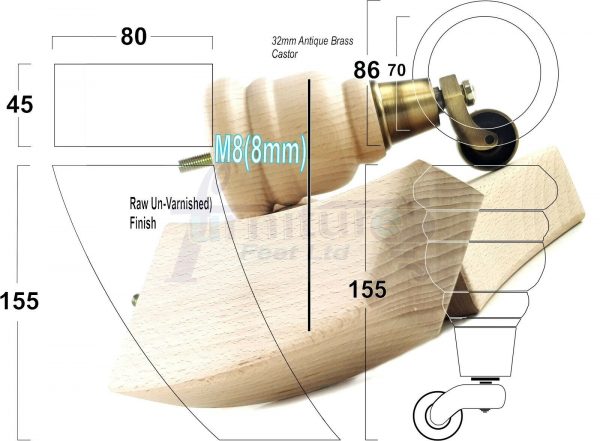 4x TURNED WOODEN CASTOR LEGS 165mm High CHAIR REPLACEMENT FURNITURE FEET M8(8mm) - Image 12