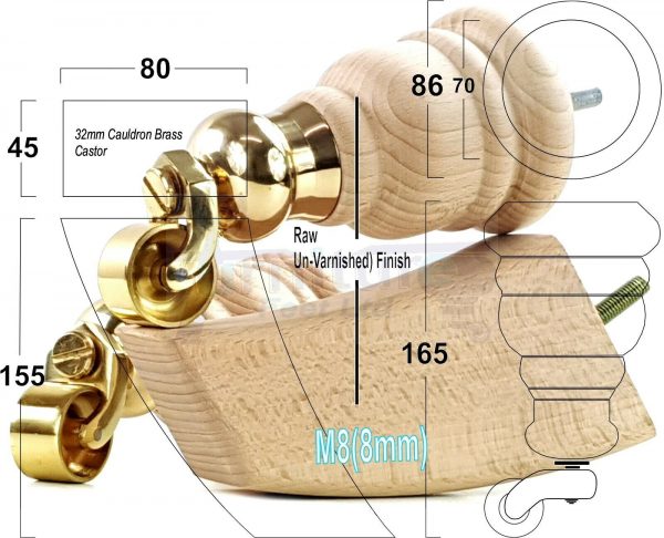 4x TURNED WOODEN CASTOR LEGS 165mm High CHAIR REPLACEMENT FURNITURE FEET M8(8mm) - Image 14
